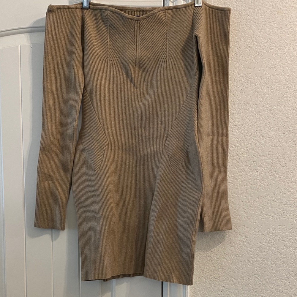 NBD Tan Ribbed Long Sleeve Off the Shoulder Mini Dress, Sz XL NWT